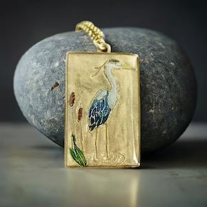 Great Blue Heron Necklace - Hand Painted Egret with Reed Pendant