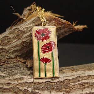 Red Oriental Poppy Necklace - Hand Painted Corn Poppy Necklace - Mackintosh - Cloisonne Flower Necklace