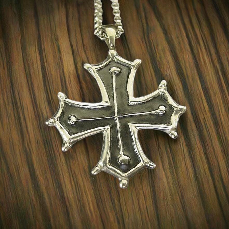Cathar Cross Hand Carved in Solid Sterling Silver - Occitan Cross Pendant - Crusader Cross