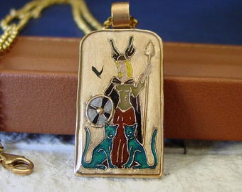Hand-Painted Norse Goddess Freya Pendant with Blue Cats: Bronze, Gold Filled Chain