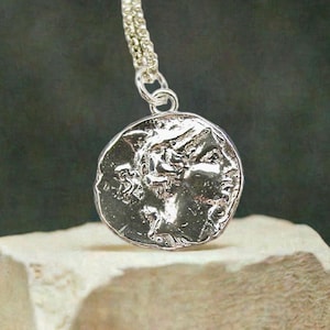 Artemis Coin Necklace - Hand Crafted Solid Silver Diana The Huntress pendant Goddess of the Hunt, Animals and Moon - Percy Jackson Inspired