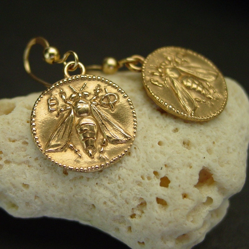 Bee Earrings Honey Bee Earrings Honeybee Ephesus Bee Coin Ancient Greek Coin Earrings Artemis Bee image 1