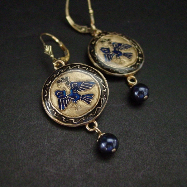 Harpy Siren Earrings with Dark Blue Pearl - Ancient Greek Mythology - Cloisonne Earrings - Museum Replica - Museum Earrings - Percy Jackson