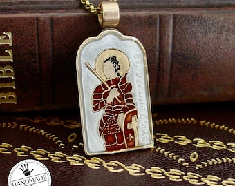 Handgesneden Jeanne d'Arc-ketting: geverfde goudbrons cloisonné-hanger