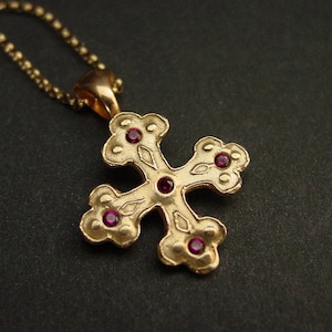 Byzantine Cross Necklace: Hand-carved Jewelers Gold Bronze Pendant with Garnets and Gold Filled Chain