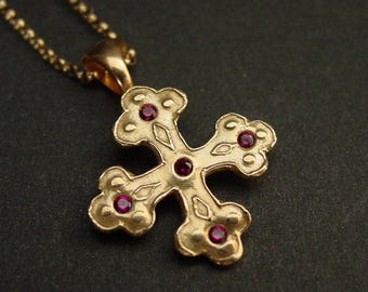 Byzantine Cross Necklace: Hand-carved Jewelers Gold Bronze Pendant with Garnets and Gold Filled Chain