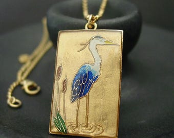 Hand-Painted Blue Heron Pendant: Gold Bronze with Gold Filled Chain Necklace