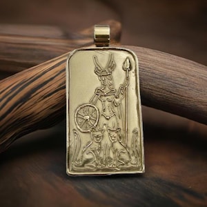 Freya Pendant - Gold Bronze Finish - Hand Carved Freyja Norse Goddess of Love, Beauty & War with her Blue Cats - Valkyrie Necklace