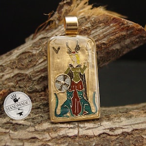 Freya Pendant - Hand Carved and Painted - Freyja Norse Goddess of Love, Beauty, War with her Blue Cats - Viking Valkyrie Necklace