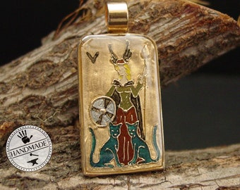 Hand-Painted Norse Goddess Freya Pendant with Blue Cats: Bronze, Gold Filled Chain