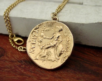 Athena Holding Nike Goddess of Victory Coin Necklace: Handcrafted Minerva Pendant
