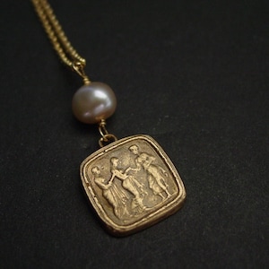 Odysseus and Penelope Necklace: Handcrafted Victorian Cameo, Pearl, Jeweler&#39;s Bronze and Gold Filled Chain