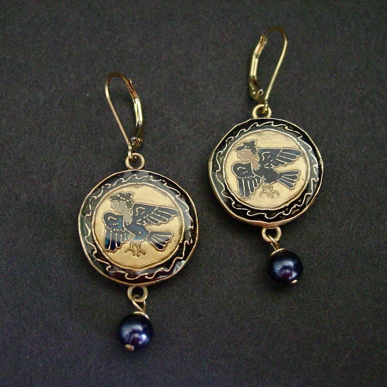 Hand Carved Harpy Siren Earrings: Cloisonne, Blue Pearl, 14k Gold Filled, Odyssey Inspired image 2