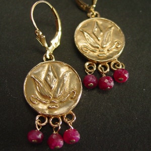 Etruscan Lotus Flower Earrings with Rubies: Hand-Carved Roman Byzantine Jewelry
