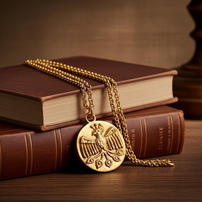 A gold coin necklace with the image of a phoenix in relief.