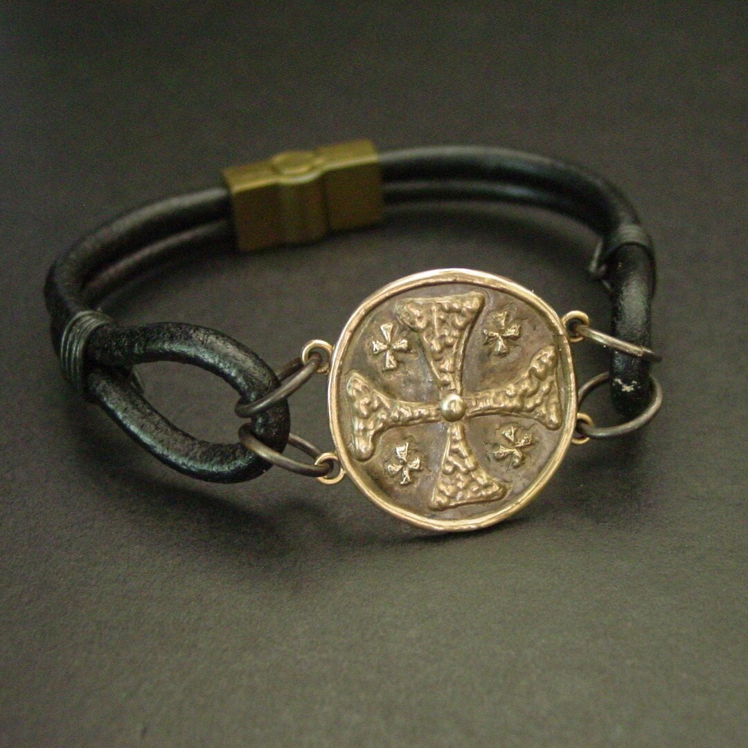Templar Cross Jerusalem Cross Leather Bracelet for Men Crusader Cross