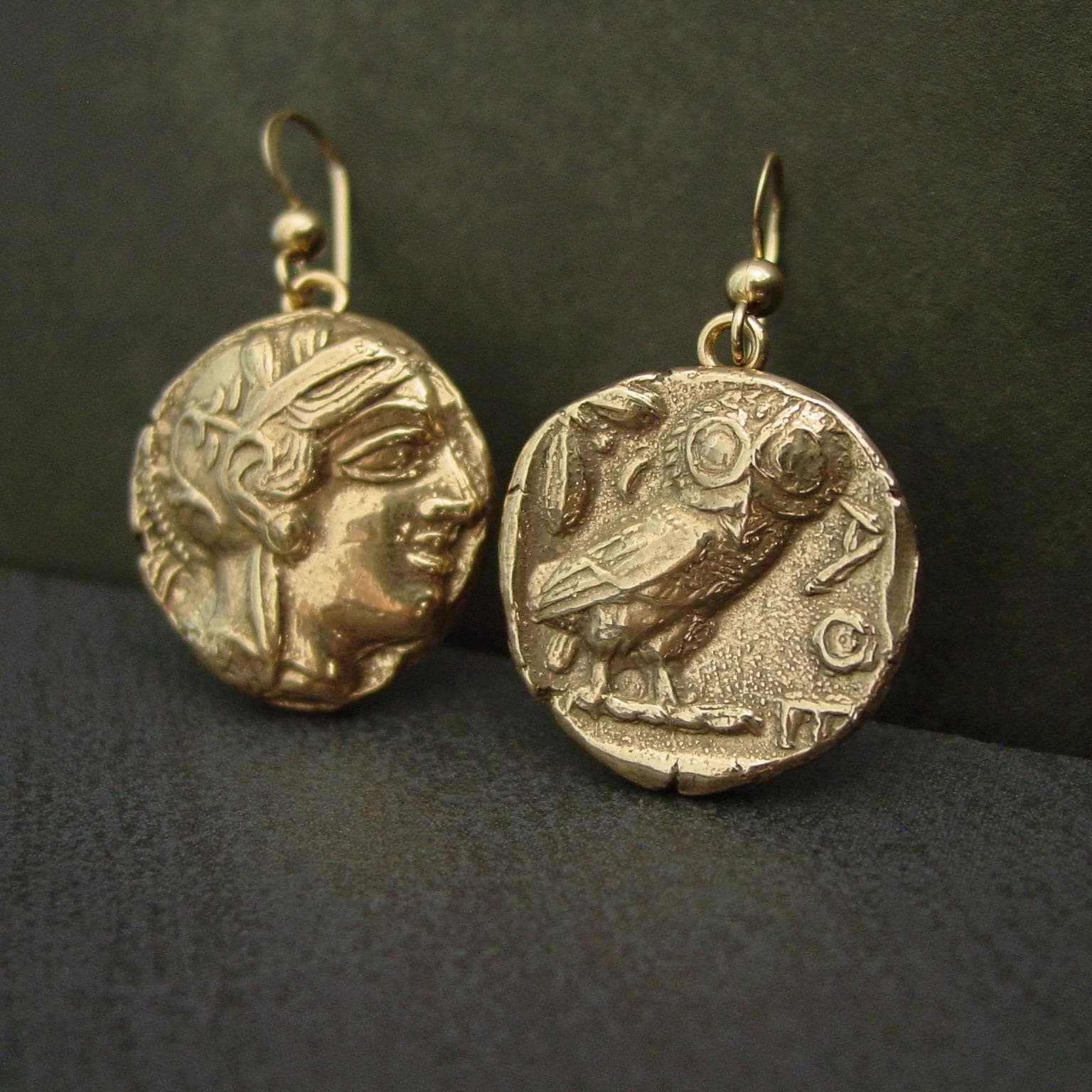 Athena Owl Earrings - Two Different Sides Facing: Handcrafted Ancient Greek Coin Reproduction