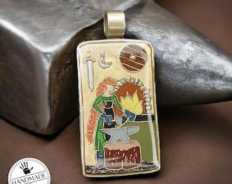 Hand Painted St Brigid Goddess Pendant: Celtic Gold Bronze Jewelry