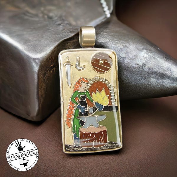 Hand Painted St Brigid Goddess Pendant: Celtic Gold Bronze Jewelry