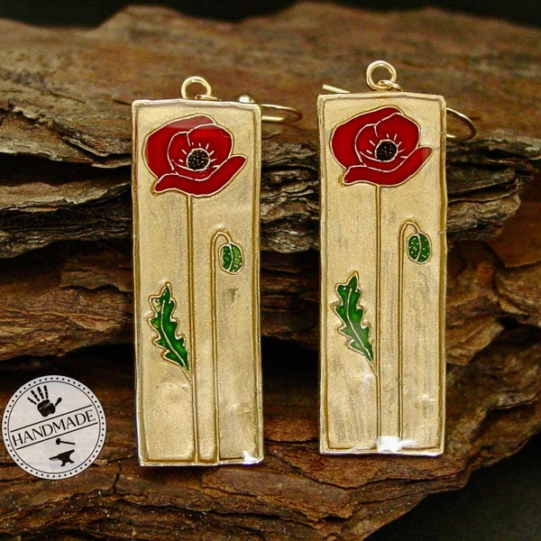 Single Red Poppy Flower Earrings - Art Deco Cloisonne Earrings - Coquelicot