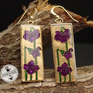 Viola Odorata - Violet Earrings - Purple Pansy Earrings - Art Deco - Cloisonne Earrings - Sweet Violet - African Violet - Mackintosh