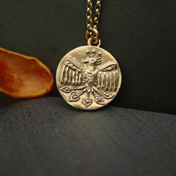 Fawkes Phoenix Necklace: Hand Carved Gold Bronze Charm with Gold Filled Chain