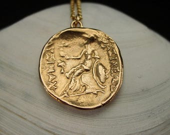 Athena Holding Nike Goddess of Victory Coin Necklace: Handcrafted Minerva Pendant