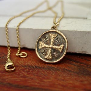 Hand-carved Jerusalem Cross Necklace: Bronze Knights Templar Pendant with 14k Gold Filled Chain image 2