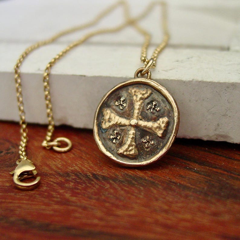 Hand-carved Jerusalem Cross Necklace: Bronze Knights Templar Pendant with 14k Gold Filled Chain image 2