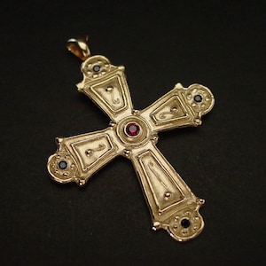 Large Byzantine Cross Necklace with Garnet and Sapphires - Hand Carved Medieval Cross - Museum Replica