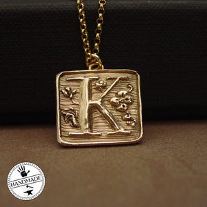 Hand-Carved Gothic Letter “K” Initial Necklace – Gold Bronze Charm with Gold-Filled Chain