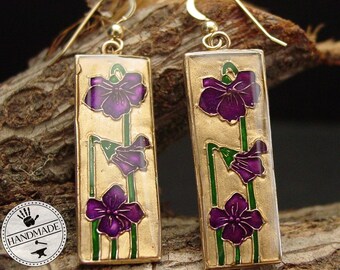 Viola Odorata Violet Earrings: Hand-carved and Painted Cloisonne Purple Pansy - Art Deco Mackintosh Inspired