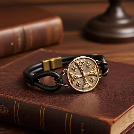 Templar Jerusalem Cross Leather Bracelet for Men: Hand Carved in