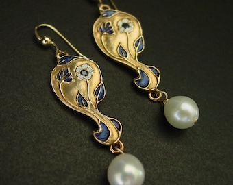 Daisy Art Nouveau Earrings: Bronze, Pearl, Sapphire, Gold Filled Ear Wire Floral Jewelry
