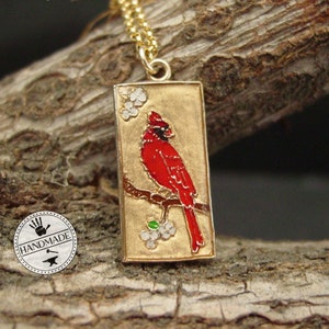 Small Red Bird Cardinal Necklace - Cardinal Pendant - Hand Painted Cloisonne Pendant
