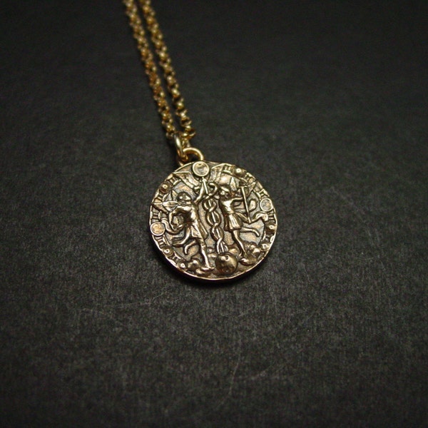 Gemini Necklace - Zodiac - Birthday Gift - May 22 to June 21 - Coin Necklace - Antiqued - Collier Zodiaque Gemeaux