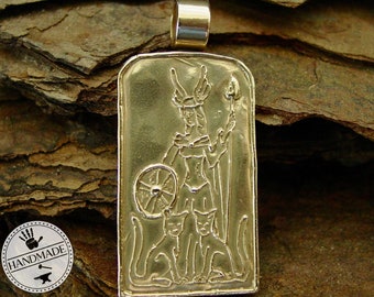 Freya Pendant - Gold Bronze Finish - Freyja Norse Goddess of Love, Beauty & War with her Blue Cats - Valkyrie Necklace - Viking