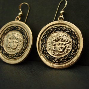 Handmade Medusa Cameo Earrings: Gold Bronze Greek Mythology Jewelry, 14k Gold Filled Chain