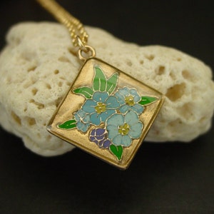 Forget Me Not Flower Necklace - Myosotis Blue Flower - Hand Carved and Painted - Diamond Shaped Pendant - Mackintosh