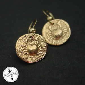Bronze Crab Coin Earrings: Ancient Roman Style, 14K Gold Filled Ear Wire