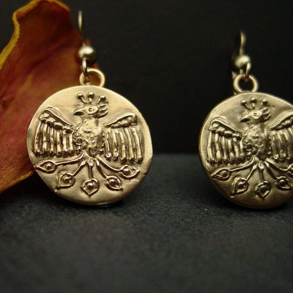 Phoenix Earrings: Hand-carved Medieval Phonix Phenix Fawkes Coin