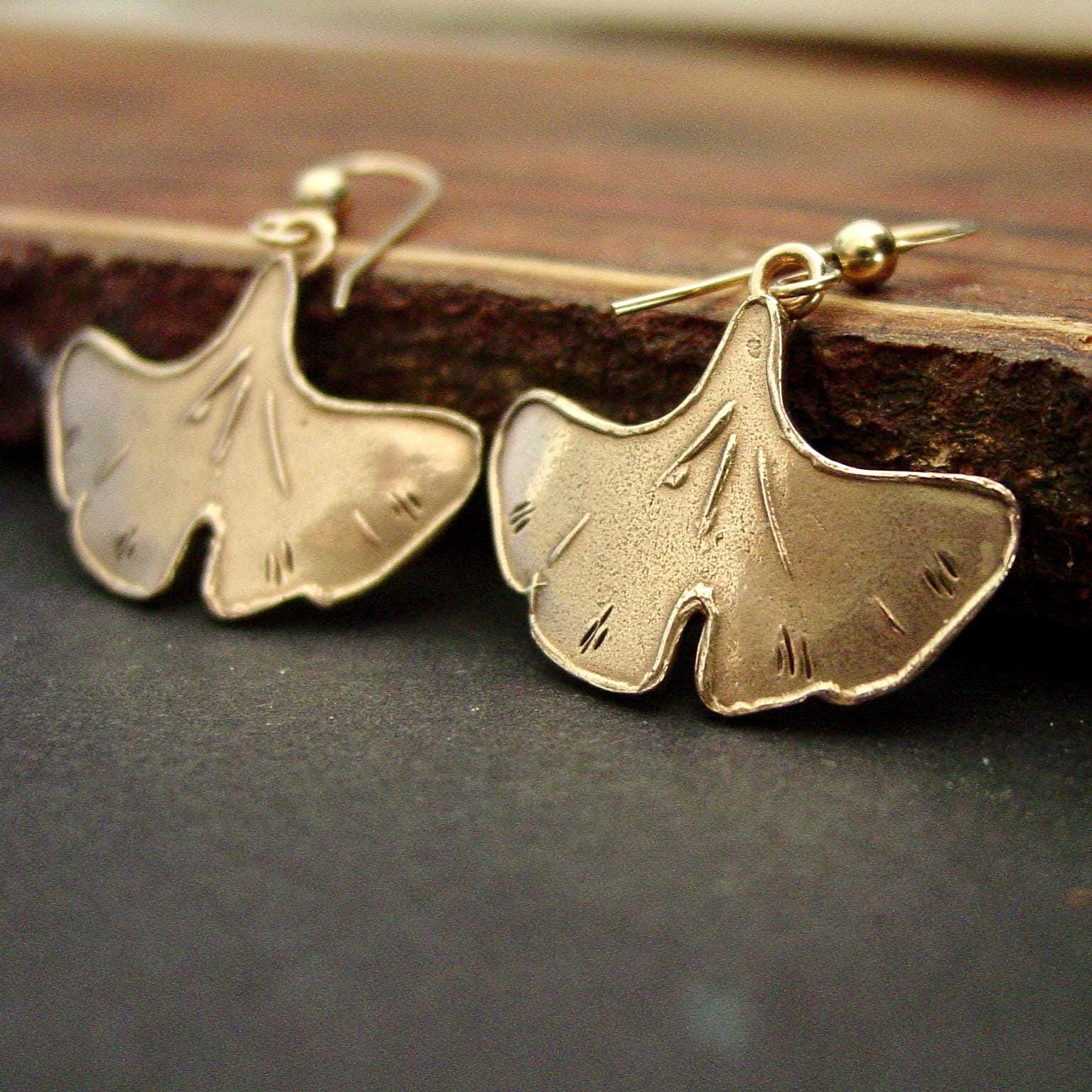 Hand Carved Gold Ginkgo Biloba Leaf Earrings - Autumn Nature Inspired…