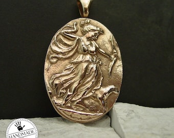 Artemis Cameo Necklace: Handcrafted Goddess Diana The Huntress Gold Bronze Pendant/ Gold Filled chain