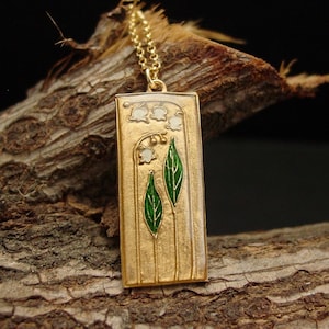 Lily of the Valley Art Deco Necklace: Hand Carved and Painted Cloisonne Pendant