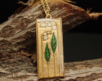 Lily of the Valley Art Deco Necklace: Hand Carved and Painted Cloisonne Pendant