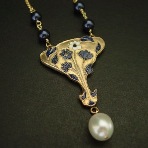 Art Nouveau Daisy Necklace with Pearl and Sapphire - Hand Carved Cloisonne Flower - Birth Flower of April
