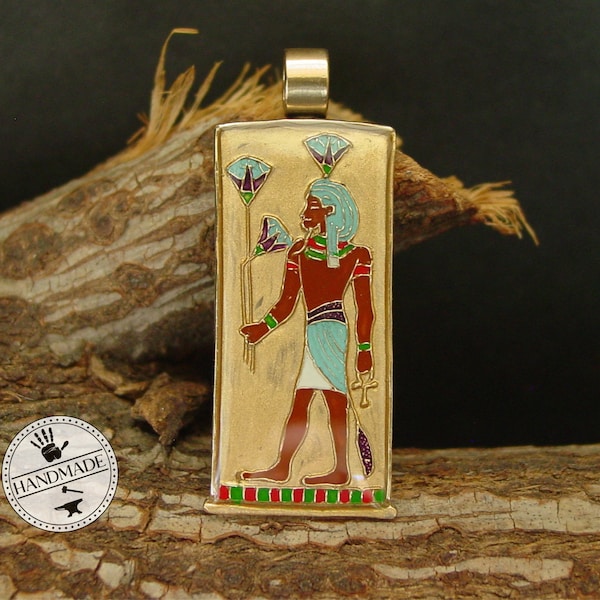 Nefertem Egyptian Blue Lotus God Pendant - God of Perfume and Beauty - Hand Painted