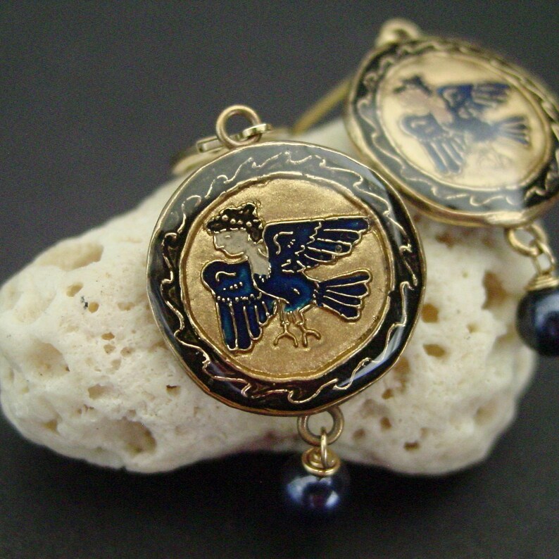 Hand Carved Harpy Siren Earrings: Cloisonne, Blue Pearl, 14k Gold Filled, Odyssey Inspired image 8
