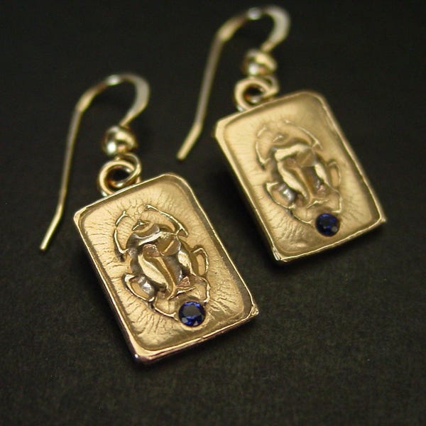 Scarab Earrings with Sapphire: Handcrafted Beetle Ancient Egyptian Jewelry Replica