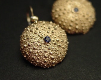 Delicate Blue Sapphire Sea Urchin Earrings - Handcrafted Ocean-Inspired Seashell Jewelry for Beach Lovers